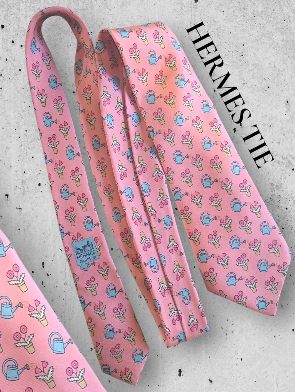 EUC Vintage Hermes Paris Silk Tie Pink Watering Can Flower Pot Novelty 7484